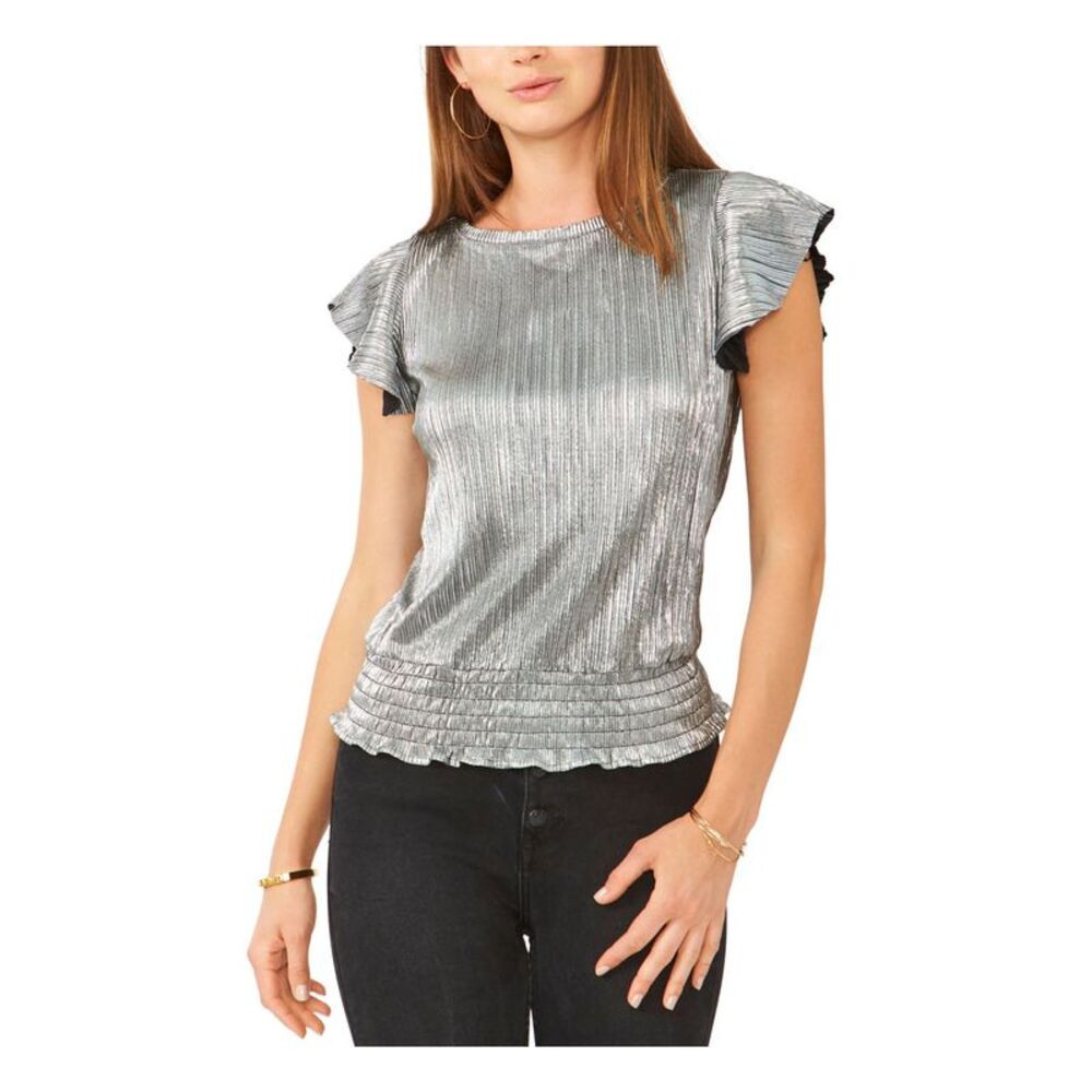 28TH & PARK Womens Top Ribbed Flutter Sleeve Jewel Neck Party Smocked Hem